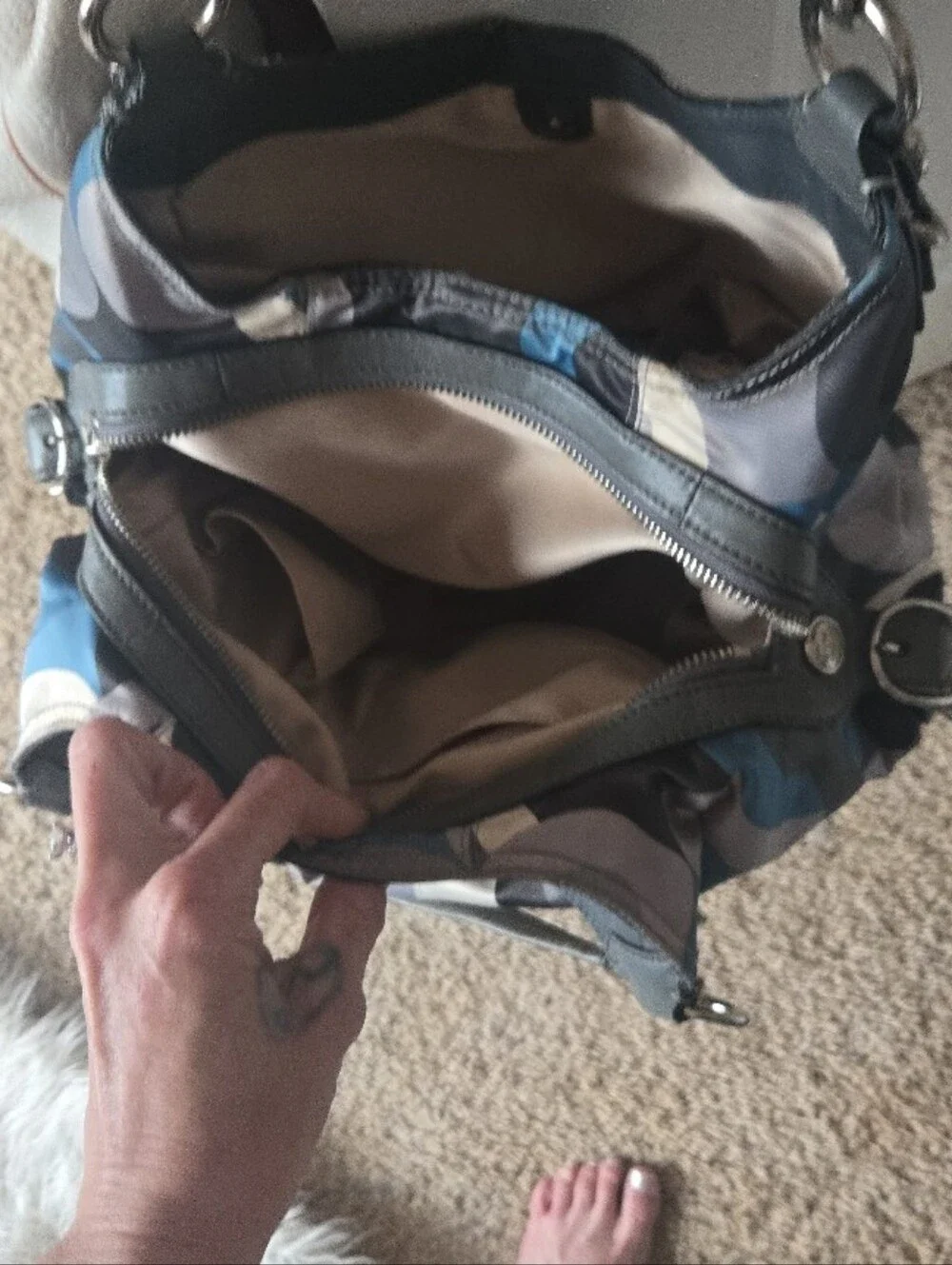 Coach Blue, Gray and Cream Circular-Print Shoulder Bag